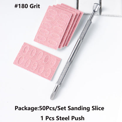 180 Grit Sandpaper Sheets with Dual Ended Nail Cuticle Pusher and Cutter - Self-Adhesive Sandpaper for Keratinizer Slant Heads, Nail Art Pre-Polishing, Salon and Home Use (50 Pack)