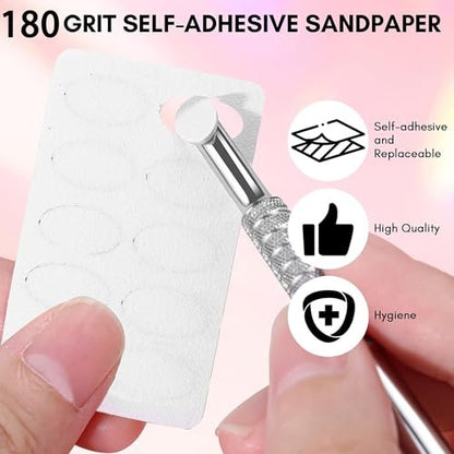 180 Grit Sandpaper Sheets with Dual Ended Nail Cuticle Pusher and Cutter - Self-Adhesive Sandpaper for Keratinizer Slant Heads, Nail Art Pre-Polishing, Salon and Home Use (50 Pack)