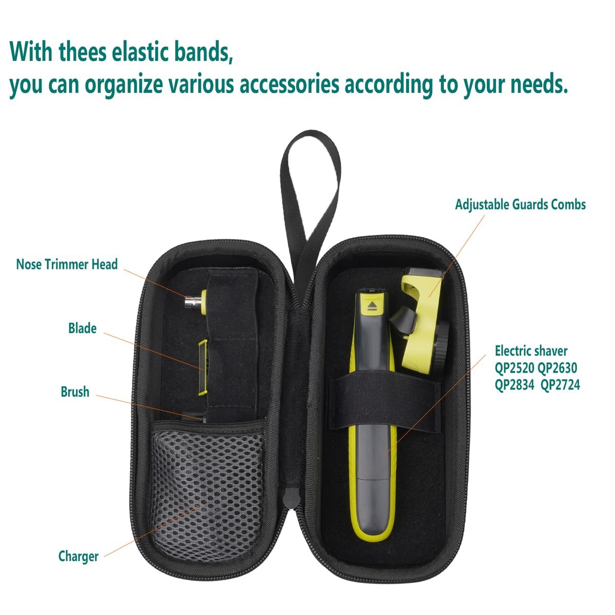 Gaocthiy Travel Case for Philips Norelco One Blade Trimmers - Portable Hard EVA Carrying Bag for Replacement Heads & Accessories, Compatible with QP2520, QP2630, QP6510, QP6520, QP653 (Green) - görsel 3