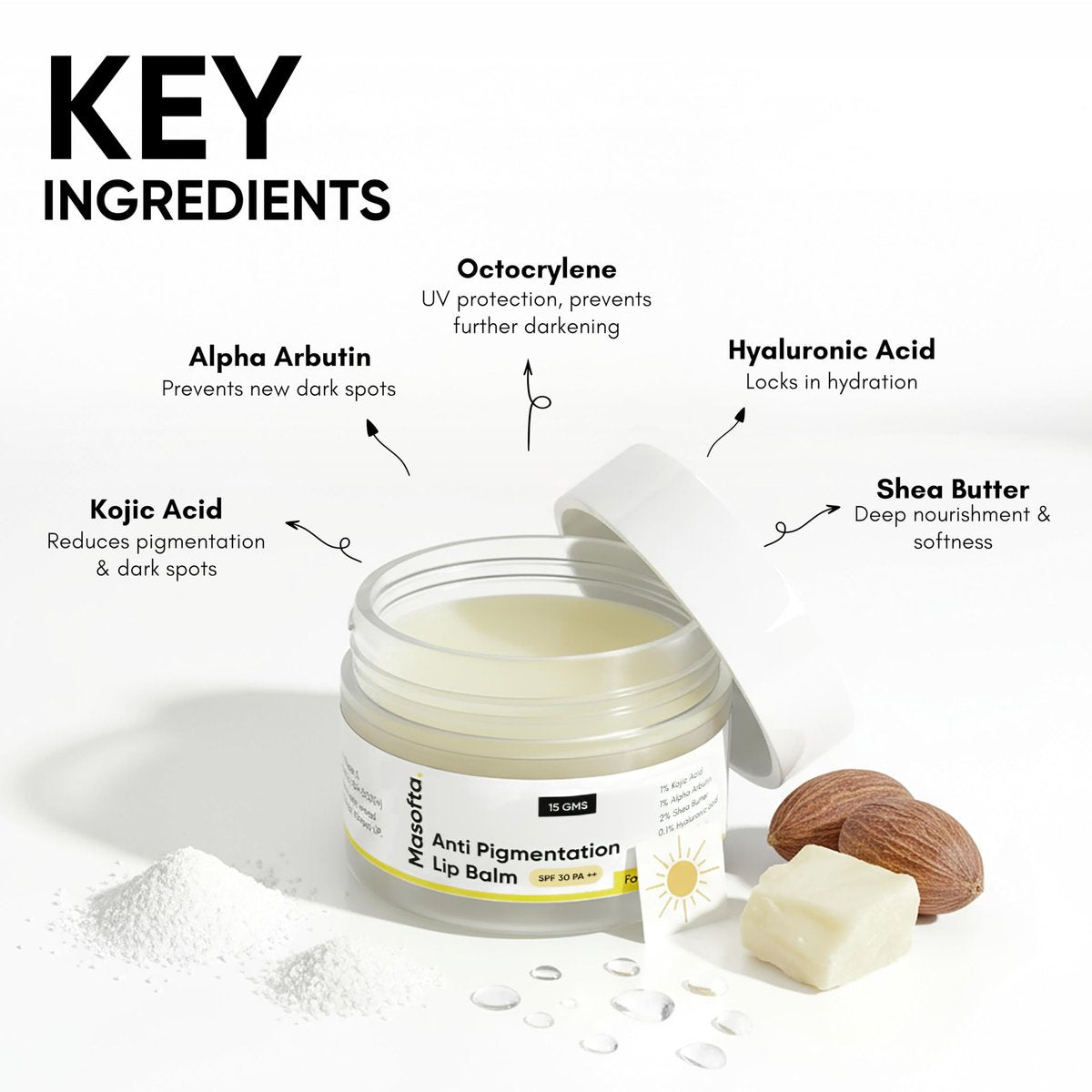 Masofta Shea Butter Lip Balm with Kojic Acid, Alpha Arbutin & SPF 30 PA++ - 0.53 oz Avelisse