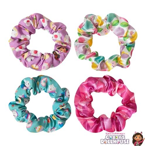 LUV HER Gabby's Dollhouse Cute Scrunchies for Girls of All Ages - 4 Large Hair Scrunchies - 4 Printed Scrunchies with Your Favorite Characters - Hair Accessories for Girls 3+ Avelisse