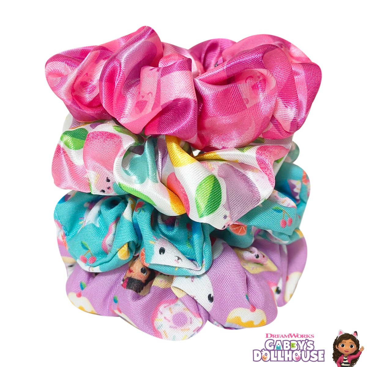LUV HER Gabby's Dollhouse Cute Scrunchies for Girls of All Ages - 4 Large Hair Scrunchies - 4 Printed Scrunchies with Your Favorite Characters - Hair Accessories for Girls 3+ Avelisse