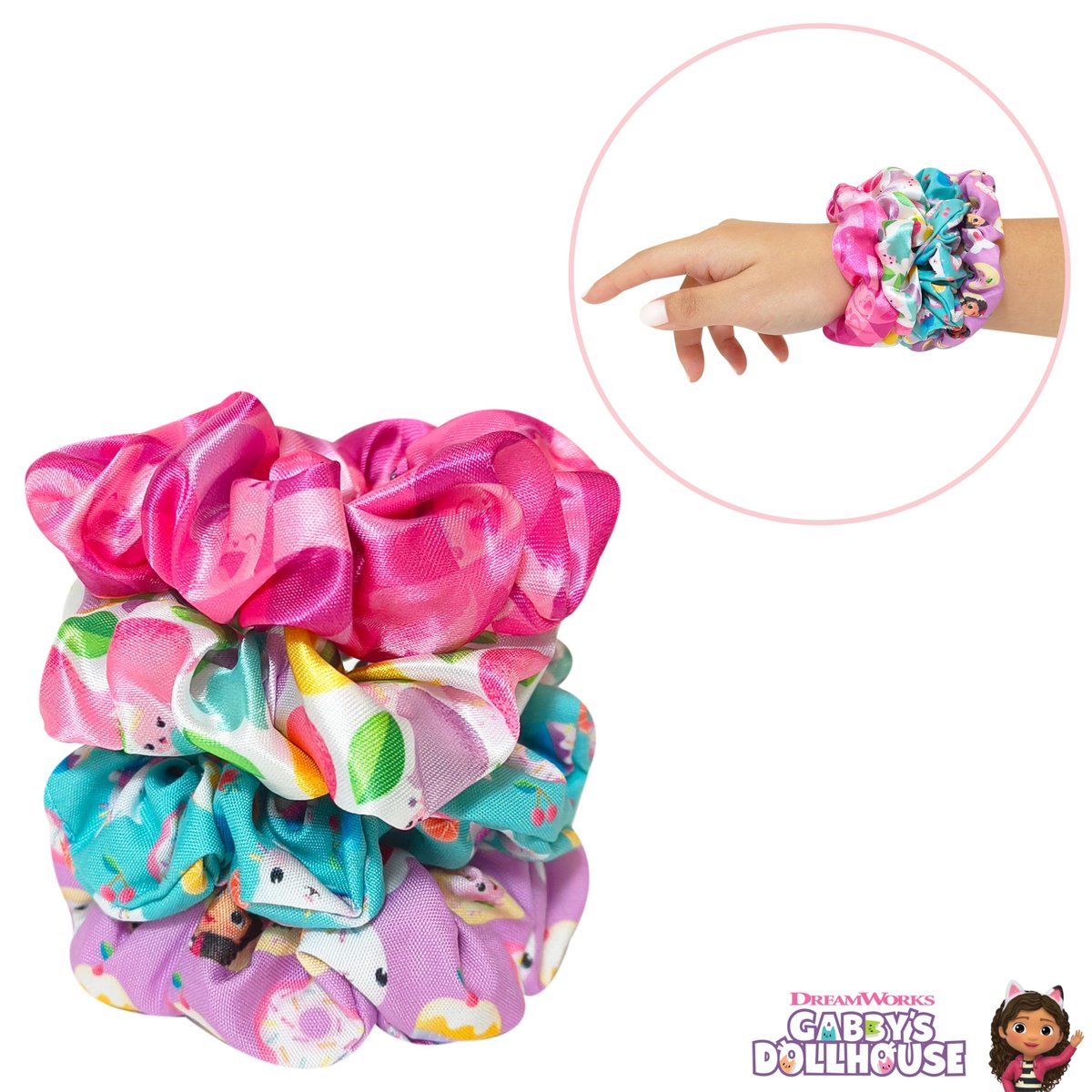 LUV HER Gabby's Dollhouse Cute Scrunchies for Girls of All Ages - 4 Large Hair Scrunchies - 4 Printed Scrunchies with Your Favorite Characters - Hair Accessories for Girls 3+ Avelisse