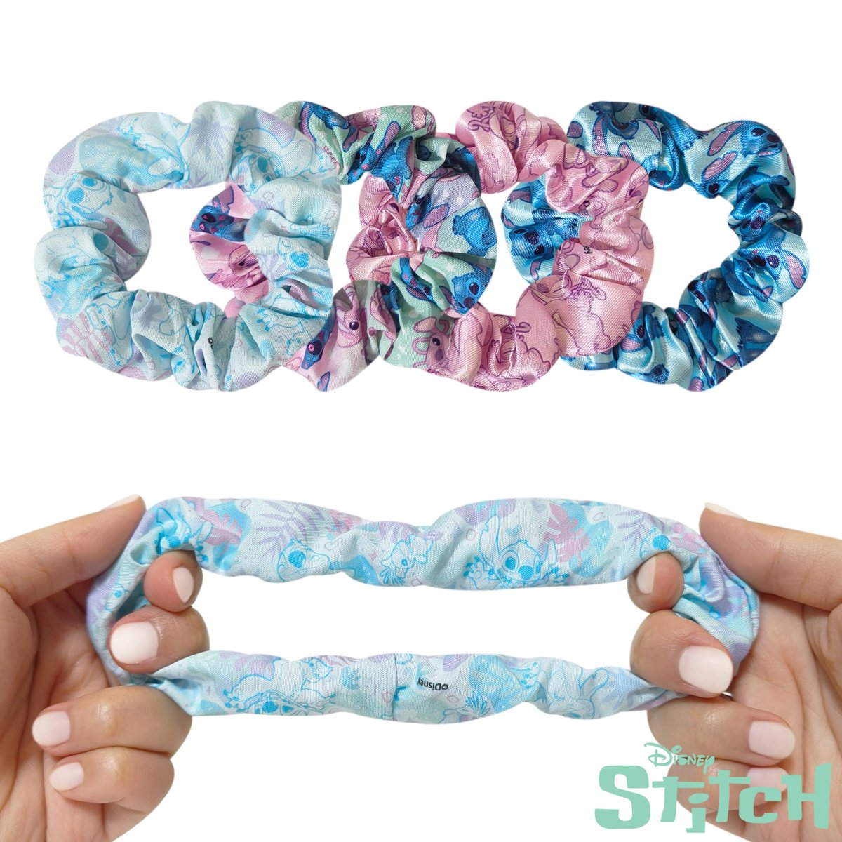 LUV HER Disney Stitch Scrunchies - 4 Large Hair Scrunchies for Girls - Printed Hair Ties with Stitch Characters - Soft Fabric Hair Accessories for Girls 3+ - görsel 5