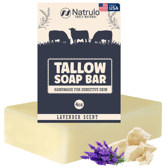 Natrulo Beef Tallow Soap Bar – All Natural Grass Fed Tallow Soap Lavender – Moisturizing Face & Body Wash for Eczema, Dry, Itchy, Sensitive Skin – Handcrafted Bath Soap for Adults, Kids, Made in USA (4 oz)