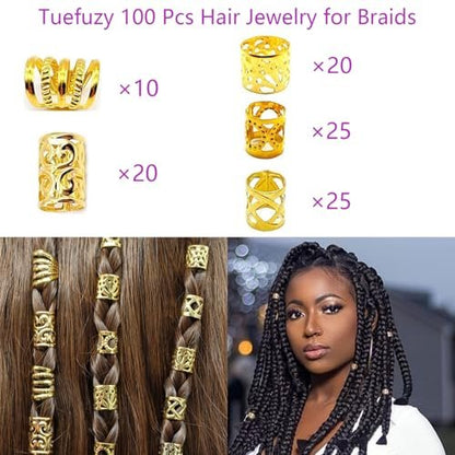 Tuefuzy Gold Hair Jewelry Braid - 100 Pcs Metal Dreadlock Accessories Rings Cuffs Clips
