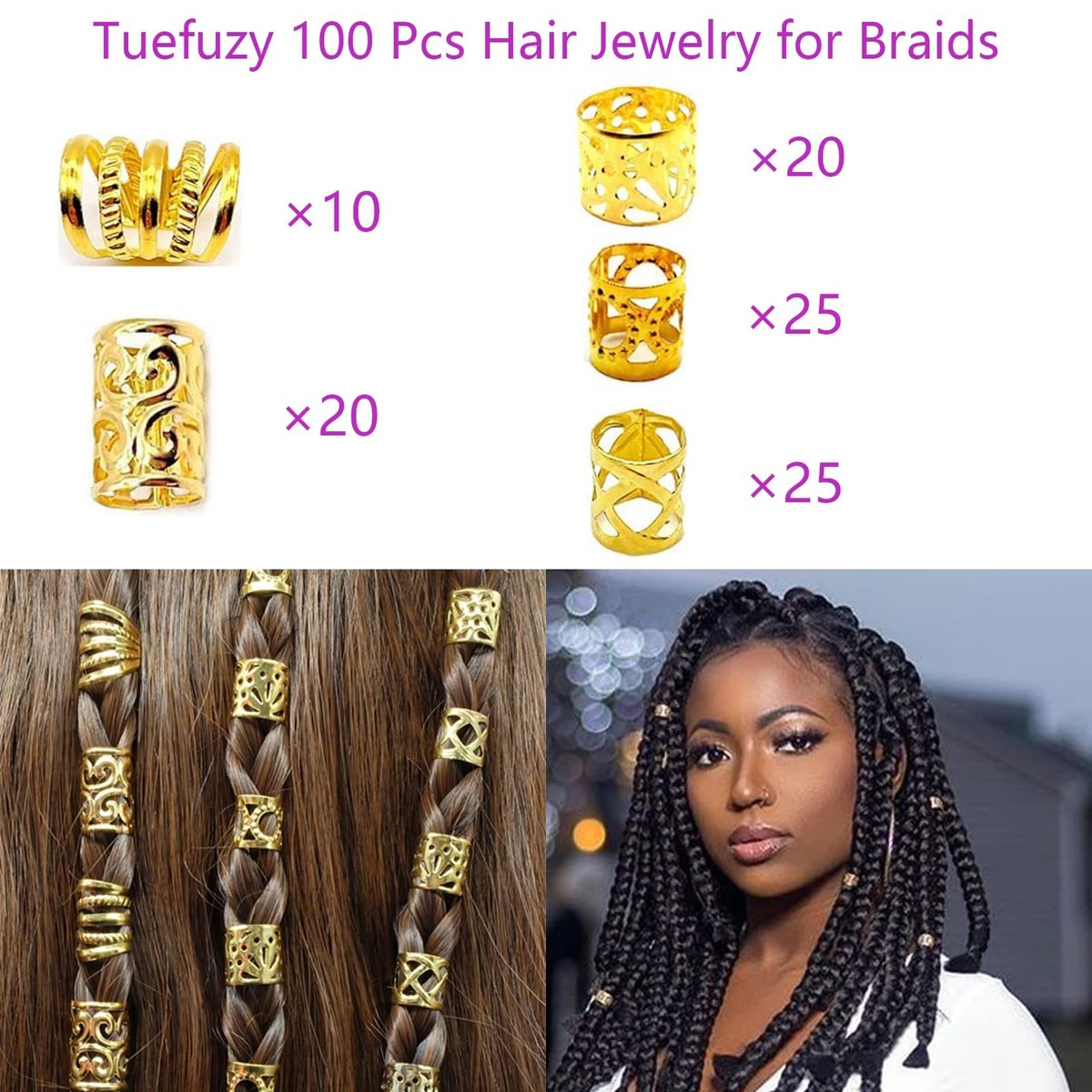 Tuefuzy Gold Hair Jewelry Braid - 100 Pcs Metal Dreadlock Accessories Rings Cuffs Clips - görsel 3