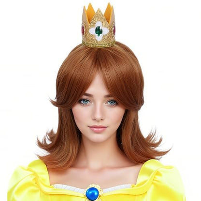 Linfairy Red Brown Princess Wig with Crown – 60's 70's Retro Lady Halloween Party Cosplay Wigs for Women