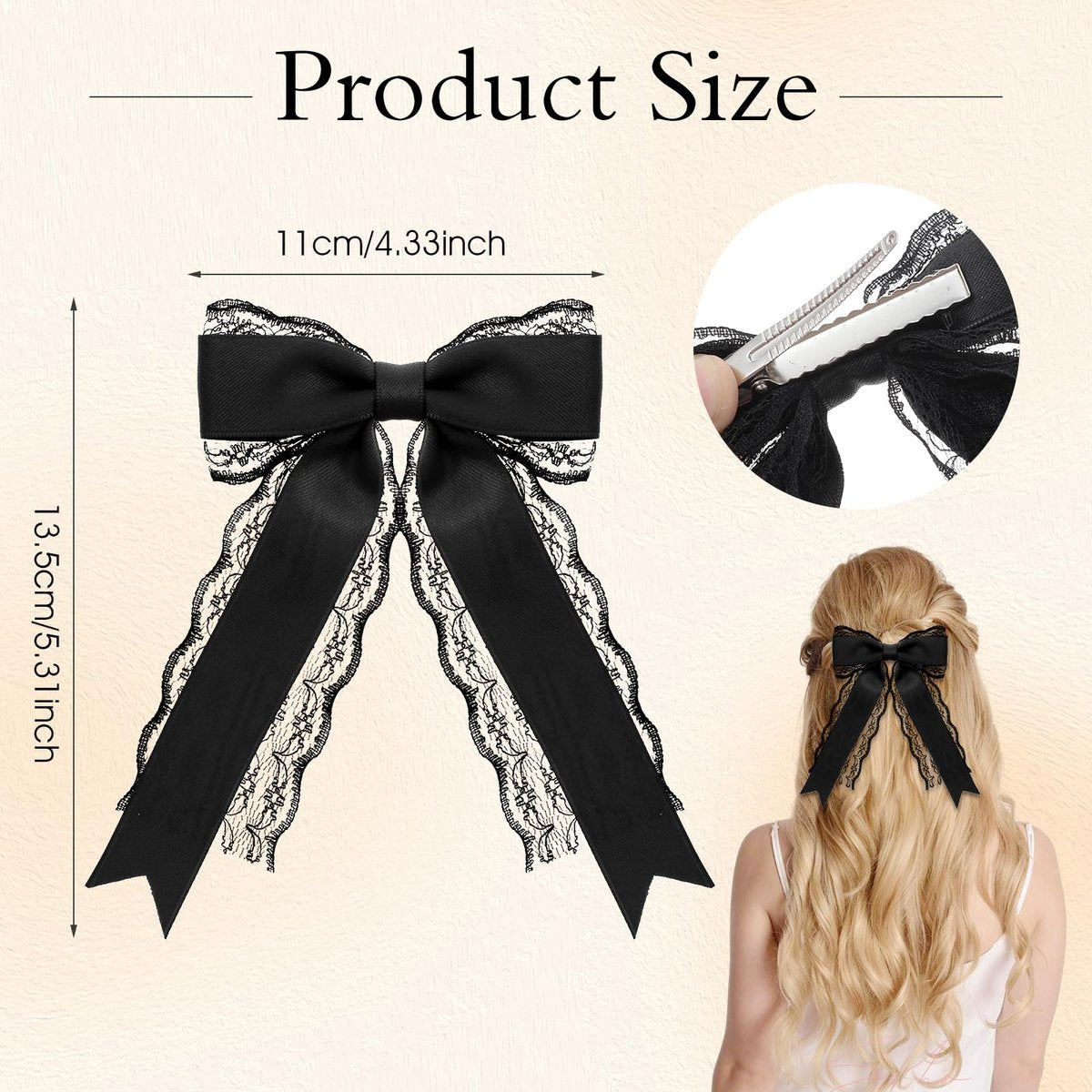 Giantree 2 Pcs Black Lace Hair Bow Clips for Women - Cute Hair Bows with Long Tail Ribbon for Wedding, Gothic, Halloween - görsel 3