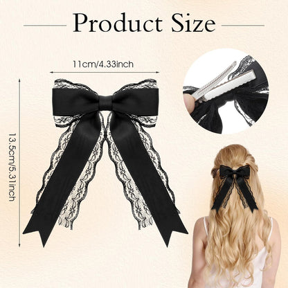Giantree 2 Pcs Black Lace Hair Bow Clips for Women - Cute Hair Bows with Long Tail Ribbon for Wedding, Gothic, Halloween
