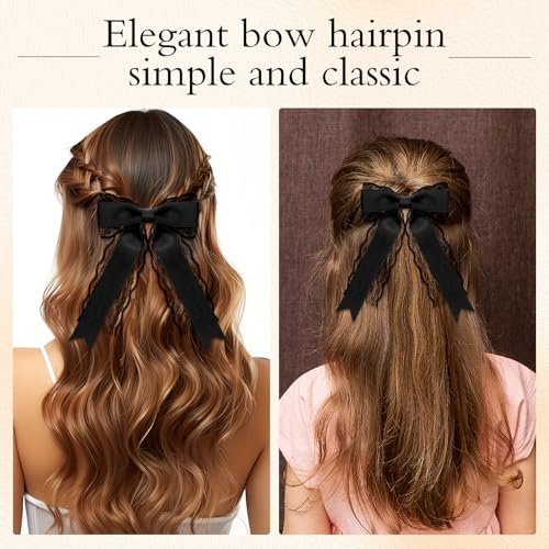 Giantree 2 Pcs Black Lace Hair Bow Clips for Women - Cute Hair Bows with Long Tail Ribbon for Wedding, Gothic, Halloween - görsel 8