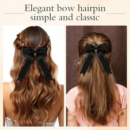 Giantree 2 Pcs Black Lace Hair Bow Clips for Women - Cute Hair Bows with Long Tail Ribbon for Wedding, Gothic, Halloween