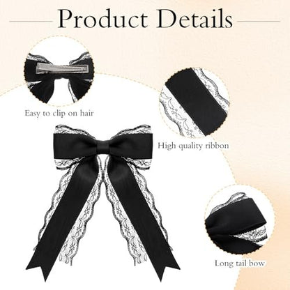 Giantree 2 Pcs Black Lace Hair Bow Clips for Women - Cute Hair Bows with Long Tail Ribbon for Wedding, Gothic, Halloween