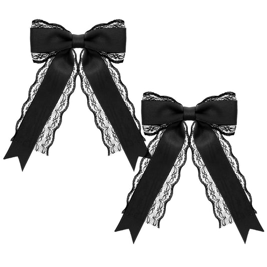 Giantree 2 Pcs Black Lace Hair Bow Clips for Women - Cute Hair Bows with Long Tail Ribbon for Wedding, Gothic, Halloween