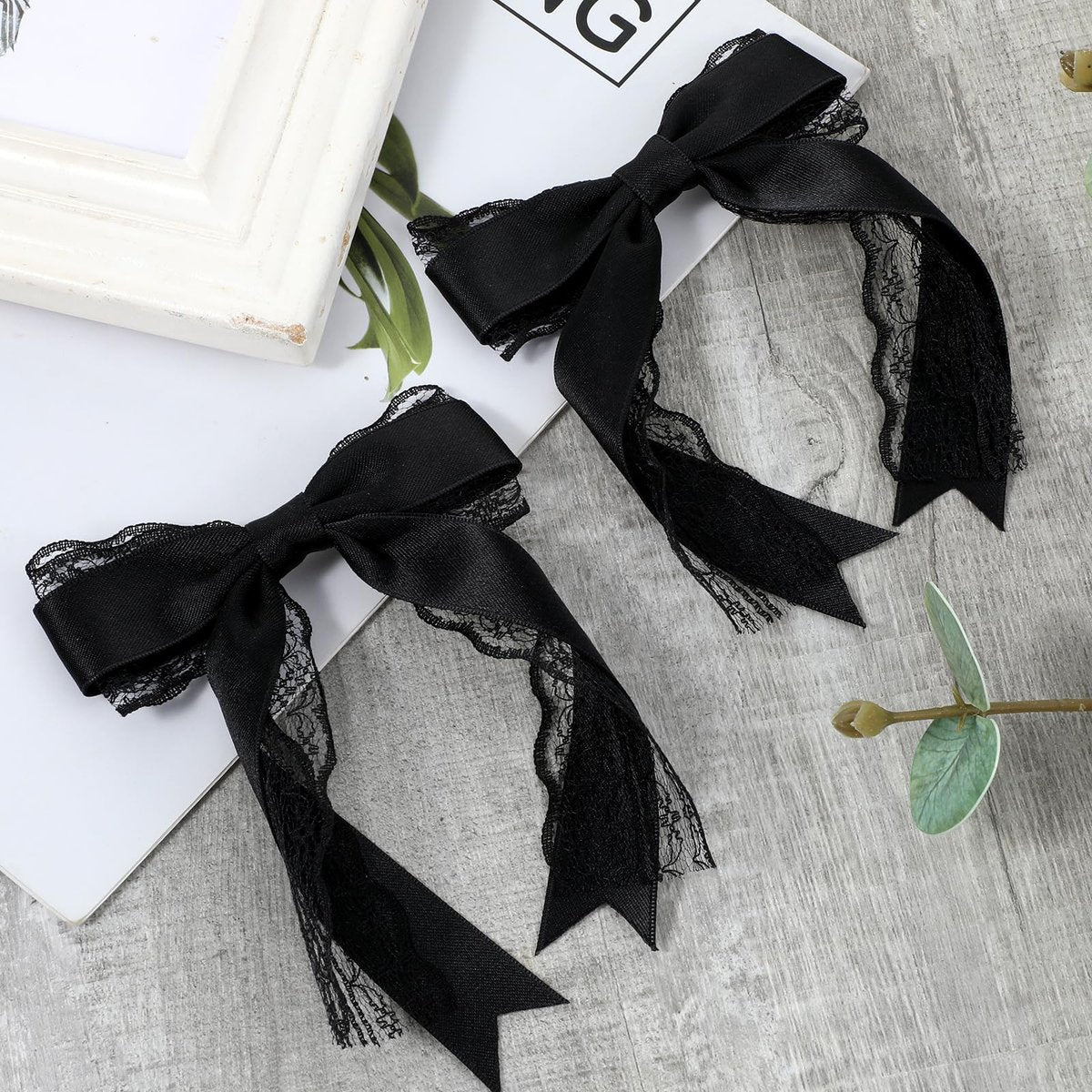 Giantree 2 Pcs Black Lace Hair Bow Clips for Women - Cute Hair Bows with Long Tail Ribbon for Wedding, Gothic, Halloween - görsel 11