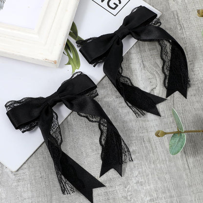 Giantree 2 Pcs Black Lace Hair Bow Clips for Women - Cute Hair Bows with Long Tail Ribbon for Wedding, Gothic, Halloween