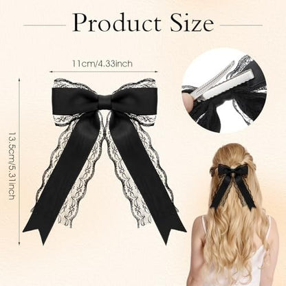 Giantree 2 Pcs Black Lace Hair Bow Clips for Women - Cute Hair Bows with Long Tail Ribbon for Wedding, Gothic, Halloween