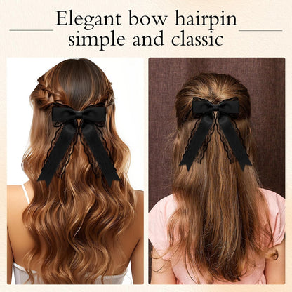 Giantree 2 Pcs Black Lace Hair Bow Clips for Women - Cute Hair Bows with Long Tail Ribbon for Wedding, Gothic, Halloween