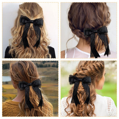 Giantree 2 Pcs Black Lace Hair Bow Clips for Women - Cute Hair Bows with Long Tail Ribbon for Wedding, Gothic, Halloween