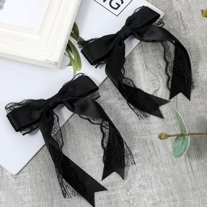 Giantree 2 Pcs Black Lace Hair Bow Clips for Women - Cute Hair Bows with Long Tail Ribbon for Wedding, Gothic, Halloween