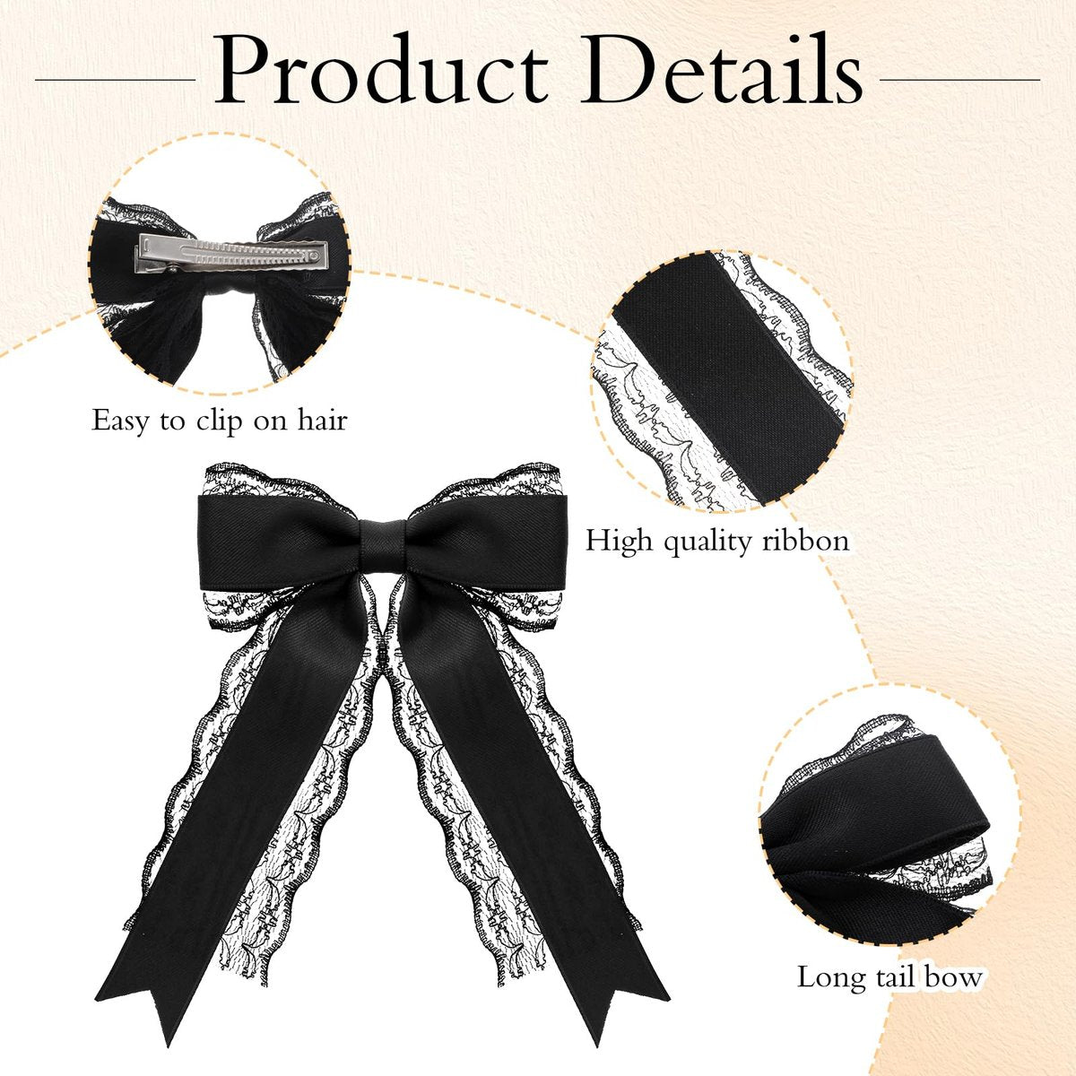 Giantree 2 Pcs Black Lace Hair Bow Clips for Women - Cute Hair Bows with Long Tail Ribbon for Wedding, Gothic, Halloween - görsel 5