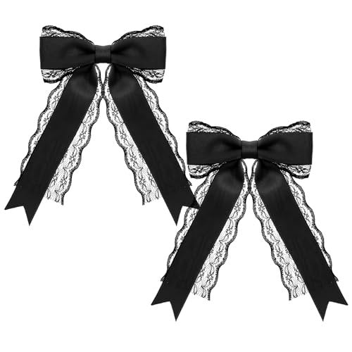 Giantree 2 Pcs Black Lace Hair Bow Clips for Women - Cute Hair Bows with Long Tail Ribbon for Wedding, Gothic, Halloween - görsel 2