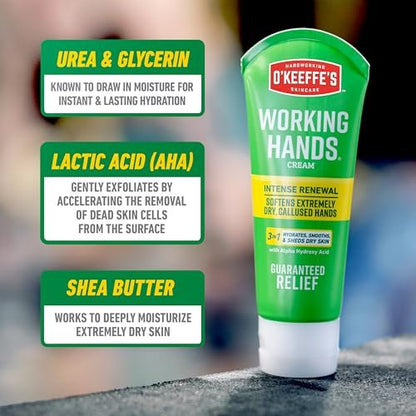 O'Keeffe's Working Hands Intense Renewal Hand Cream with Urea, 3 oz Tube – Softens & Smooths Extremely Dry, Callused Hands