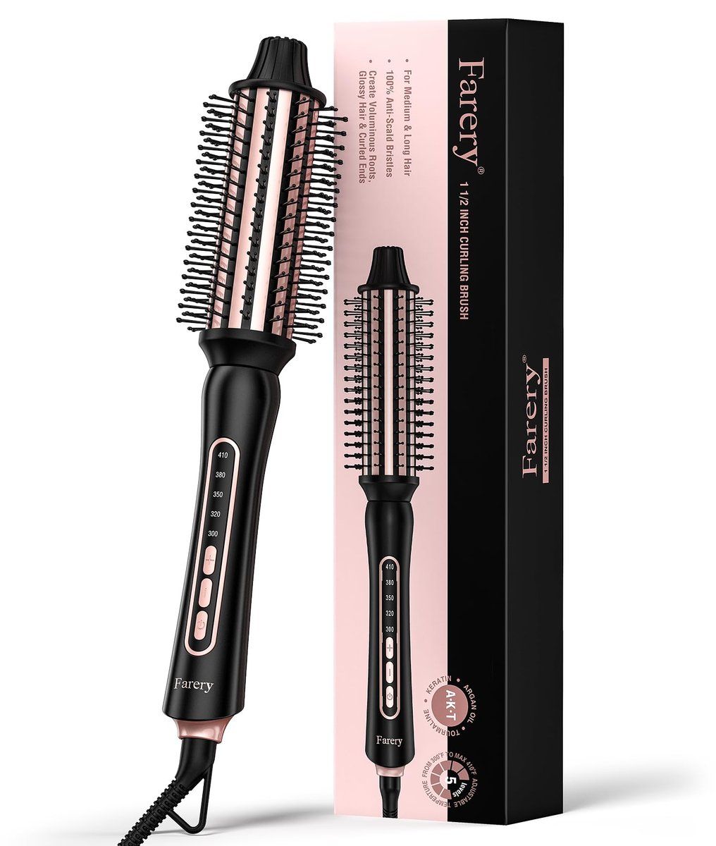 Farery Thermal Brush 5 Adjustable Temps, 1.5 Inch Hot Curling Brush for Big Bouncy Curls, Non-Blowing Heated Round Brush, Ceramic Curling Wand for Medium & Long Hair, Dual Voltage for Travel Avelisse