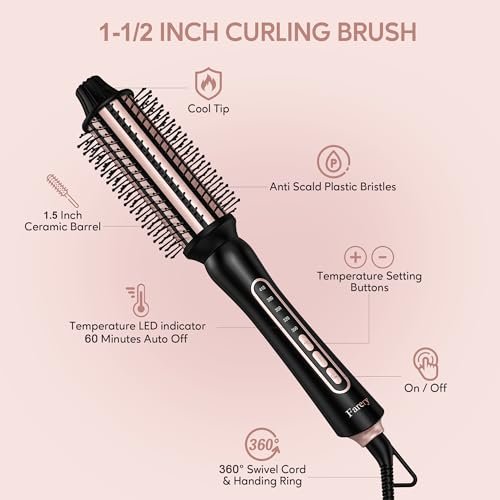 Farery Thermal Brush 5 Adjustable Temps, 1.5 Inch Hot Curling Brush for Big Bouncy Curls, Non-Blowing Heated Round Brush, Ceramic Curling Wand for Medium & Long Hair, Dual Voltage for Travel Avelisse