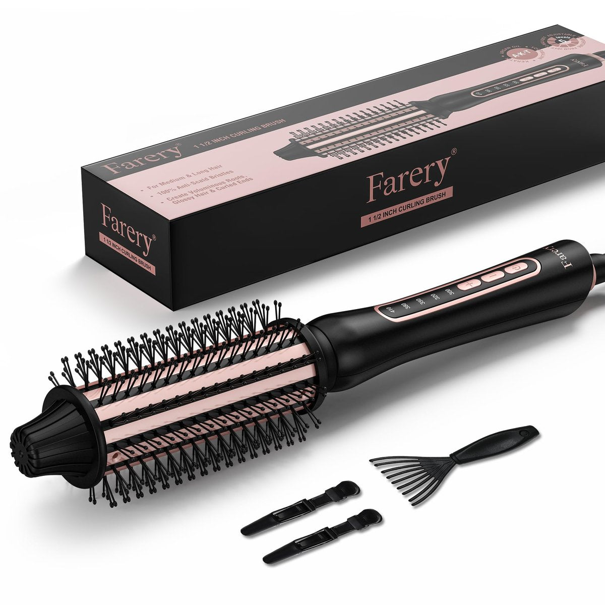 Farery Thermal Brush 5 Adjustable Temps, 1.5 Inch Hot Curling Brush for Big Bouncy Curls, Non-Blowing Heated Round Brush, Ceramic Curling Wand for Medium & Long Hair, Dual Voltage for Travel Avelisse