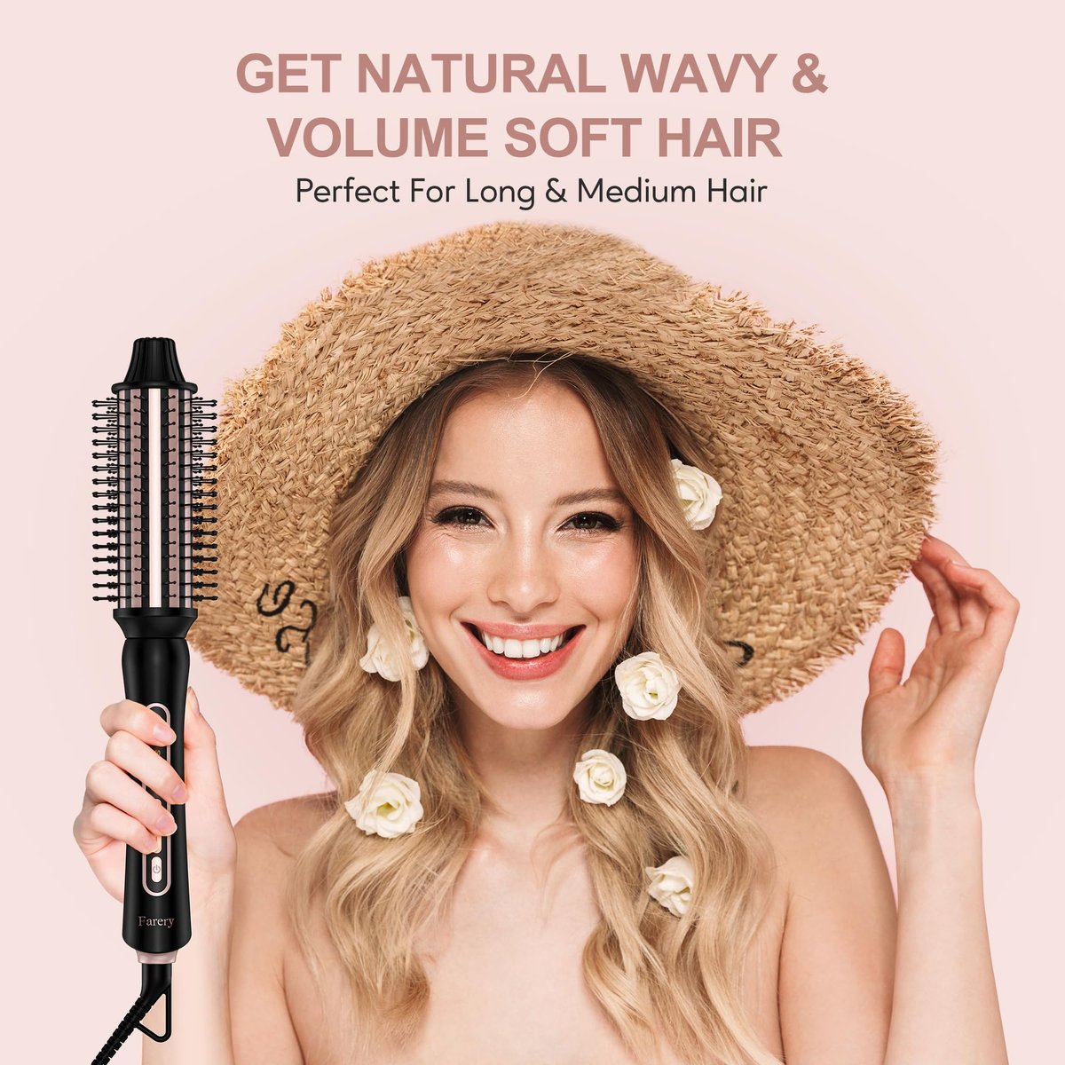 Farery Thermal Brush 5 Adjustable Temps, 1.5 Inch Hot Curling Brush for Big Bouncy Curls, Non-Blowing Heated Round Brush, Ceramic Curling Wand for Medium & Long Hair, Dual Voltage for Travel Avelisse