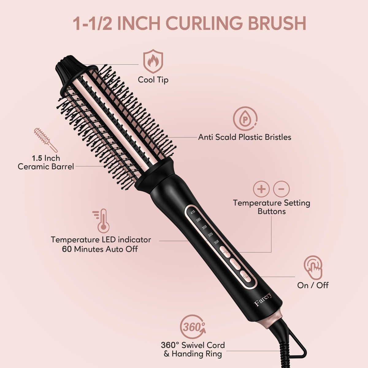 Farery Thermal Brush 5 Adjustable Temps, 1.5 Inch Hot Curling Brush for Big Bouncy Curls, Non-Blowing Heated Round Brush, Ceramic Curling Wand for Medium & Long Hair, Dual Voltage for Travel Avelisse