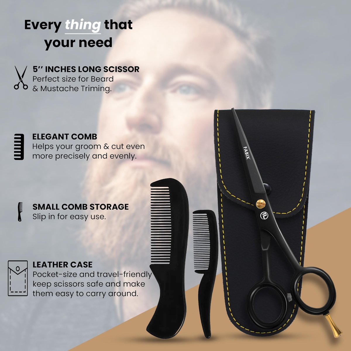 Fabix 5" Professional Beard Mustache Scissors with Comb Set – Precision Grooming Kit for Facial Hair - görsel 13