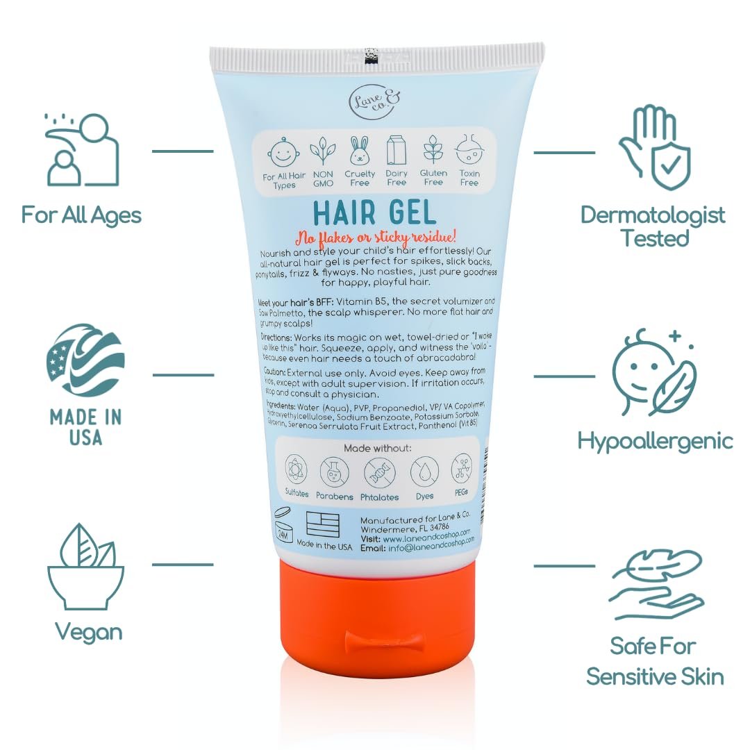 LANE & CO. Baby Hair Gel - Hypoallergenic Kids Hair Gel - Flexible Medium to Firm Hold - Tames Flyaways, Frizz, Static Hair - Dermatologist Tested - Safe for Ages 0 & Up - 4 fl.oz. Avelisse