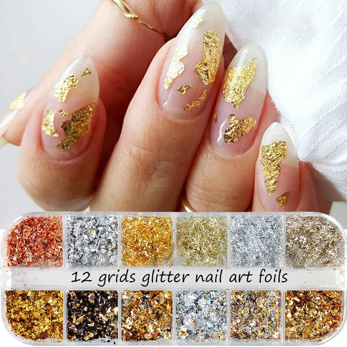 Holographic Nail Glitter Gold Foils Kit - 12 Grids Sparkly Ultra-Thin Aluminum Foil Nail Art Flakes, Powder Glitters Sequins for Acrylic Manicure DIY Decorations - görsel 11