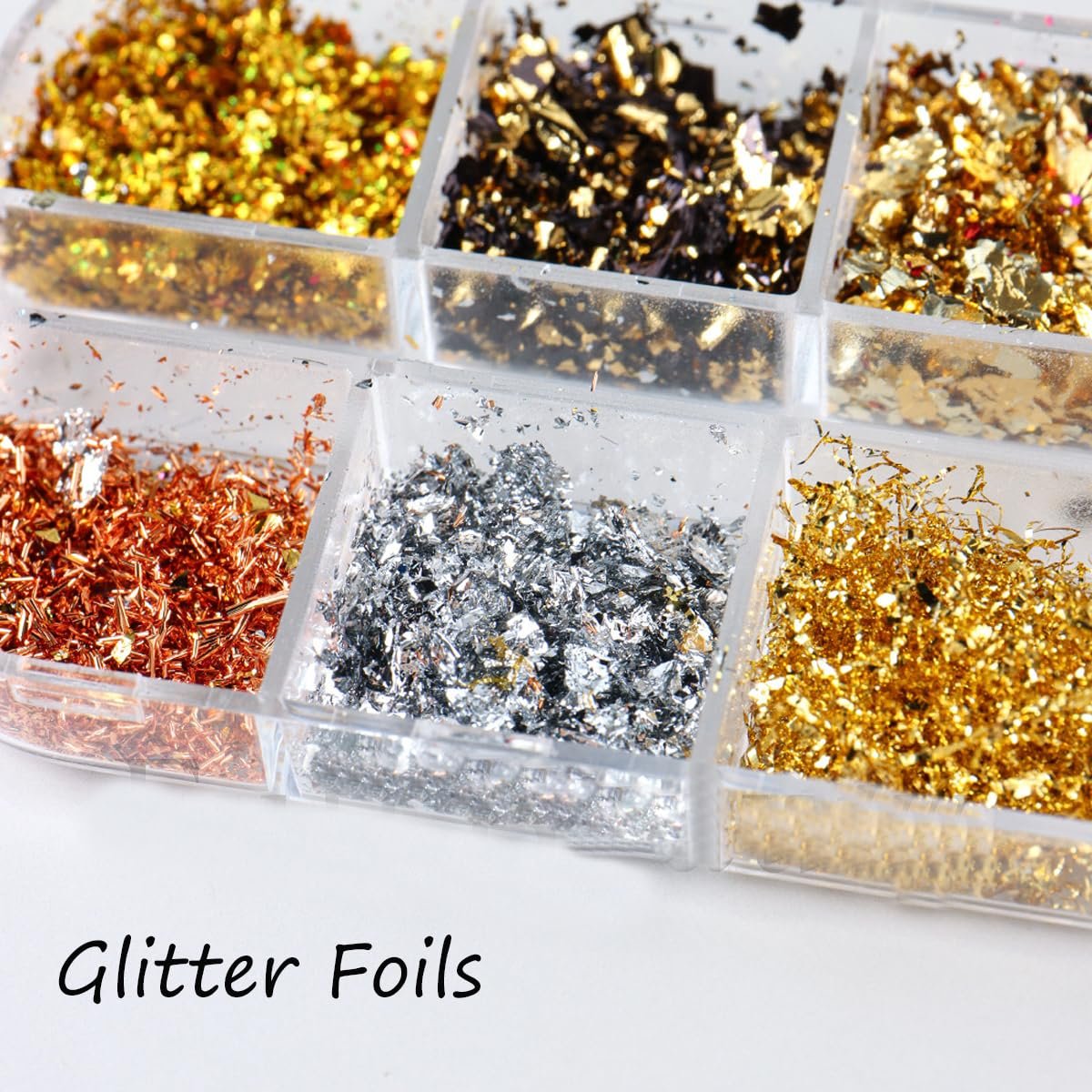 Holographic Nail Glitter Gold Foils Kit - 12 Grids Sparkly Ultra-Thin Aluminum Foil Nail Art Flakes, Powder Glitters Sequins for Acrylic Manicure DIY Decorations - görsel 9