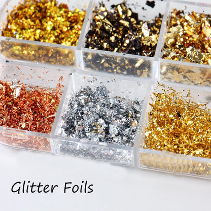 Holographic Nail Glitter Gold Foils Kit - 12 Grids Sparkly Ultra-Thin Aluminum Foil Nail Art Flakes, Powder Glitters Sequins for Acrylic Manicure DIY Decorations