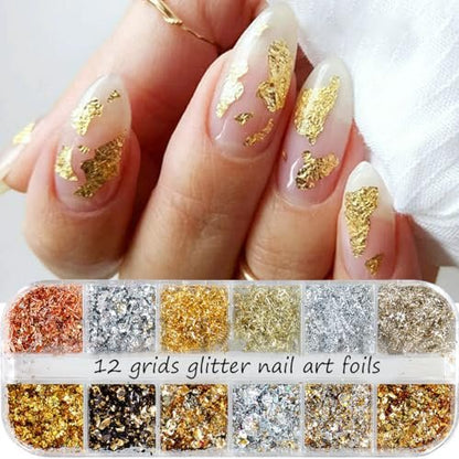 Holographic Nail Glitter Gold Foils Kit - 12 Grids Sparkly Ultra-Thin Aluminum Foil Nail Art Flakes, Powder Glitters Sequins for Acrylic Manicure DIY Decorations