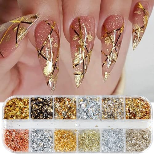 Holographic Nail Glitter Gold Foils Kit - 12 Grids Sparkly Ultra-Thin Aluminum Foil Nail Art Flakes, Powder Glitters Sequins for Acrylic Manicure DIY Decorations - görsel 6