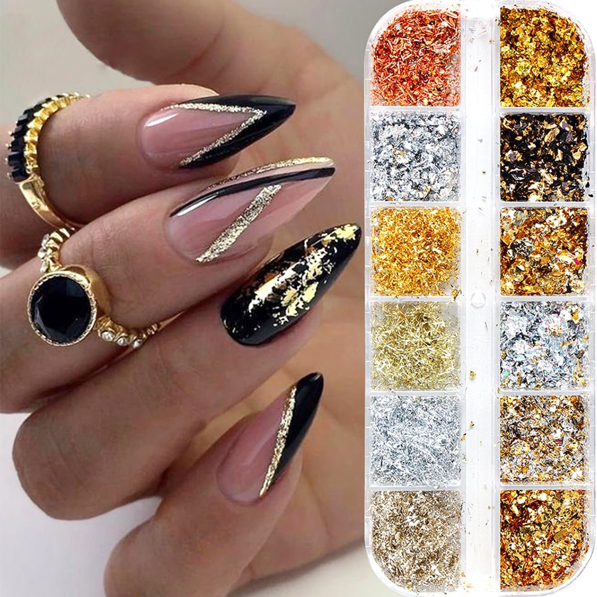 Holographic Nail Glitter Gold Foils Kit - 12 Grids Sparkly Ultra-Thin Aluminum Foil Nail Art Flakes, Powder Glitters Sequins for Acrylic Manicure DIY Decorations - görsel 1