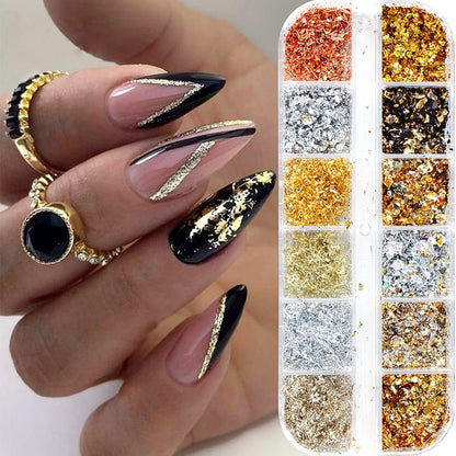 Holographic Nail Glitter Gold Foils Kit - 12 Grids Sparkly Ultra-Thin Aluminum Foil Nail Art Flakes, Powder Glitters Sequins for Acrylic Manicure DIY Decorations