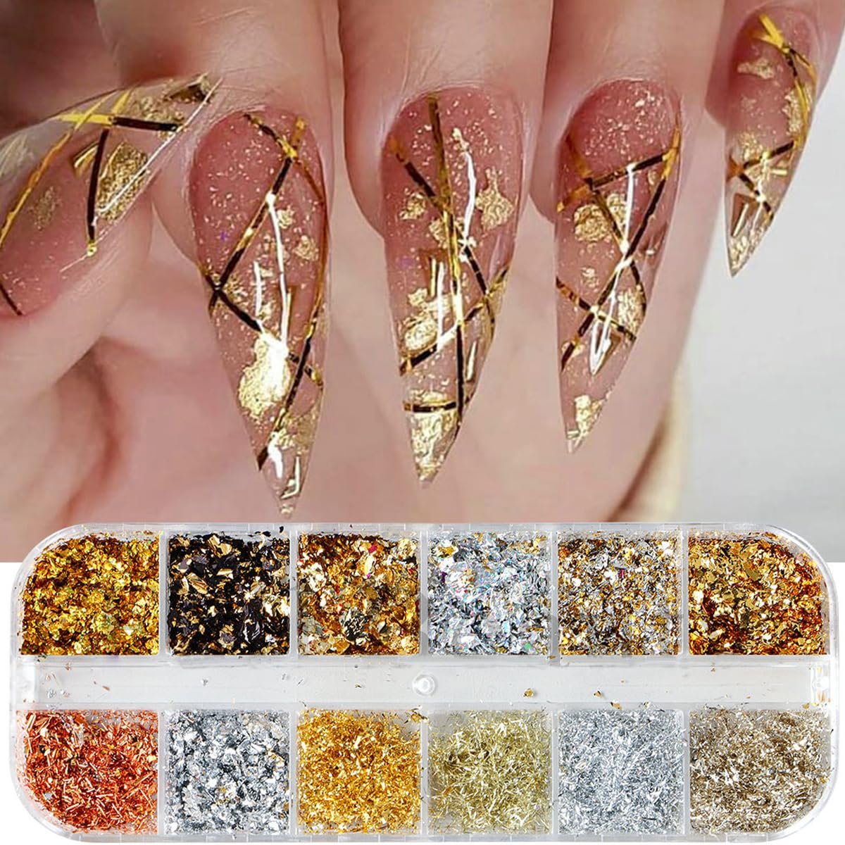 Holographic Nail Glitter Gold Foils Kit - 12 Grids Sparkly Ultra-Thin Aluminum Foil Nail Art Flakes, Powder Glitters Sequins for Acrylic Manicure DIY Decorations - görsel 5