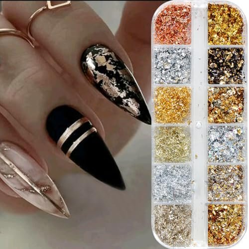 Holographic Nail Glitter Gold Foils Kit - 12 Grids Sparkly Ultra-Thin Aluminum Foil Nail Art Flakes, Powder Glitters Sequins for Acrylic Manicure DIY Decorations - görsel 4