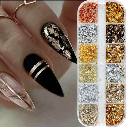 Holographic Nail Glitter Gold Foils Kit - 12 Grids Sparkly Ultra-Thin Aluminum Foil Nail Art Flakes, Powder Glitters Sequins for Acrylic Manicure DIY Decorations