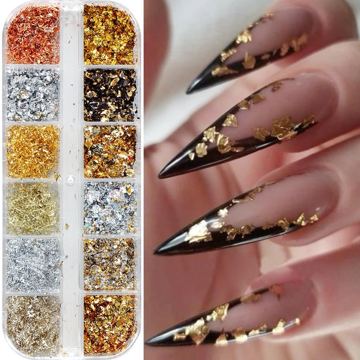 Holographic Nail Glitter Gold Foils Kit - 12 Grids Sparkly Ultra-Thin Aluminum Foil Nail Art Flakes, Powder Glitters Sequins for Acrylic Manicure DIY Decorations - görsel 7