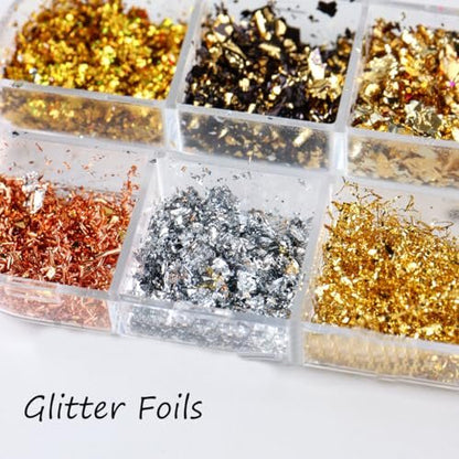 Holographic Nail Glitter Gold Foils Kit - 12 Grids Sparkly Ultra-Thin Aluminum Foil Nail Art Flakes, Powder Glitters Sequins for Acrylic Manicure DIY Decorations