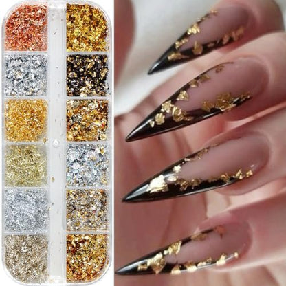 Holographic Nail Glitter Gold Foils Kit - 12 Grids Sparkly Ultra-Thin Aluminum Foil Nail Art Flakes, Powder Glitters Sequins for Acrylic Manicure DIY Decorations
