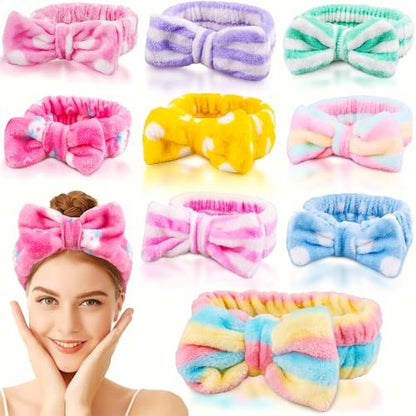 9-Pack Microfiber Spa Headbands for Women - Bow Shower Hair Bands for Face Wash, Skincare, Makeup Removal