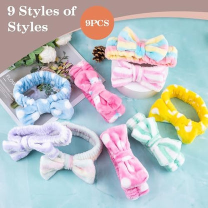 9-Pack Microfiber Spa Headbands for Women - Bow Shower Hair Bands for Face Wash, Skincare, Makeup Removal