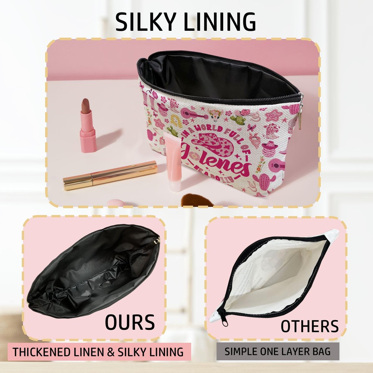 Wybgno Pink Cowgirls Makeup Bag – Silky Lining Cosmetic Pouch for Country Music Lovers - görsel 5